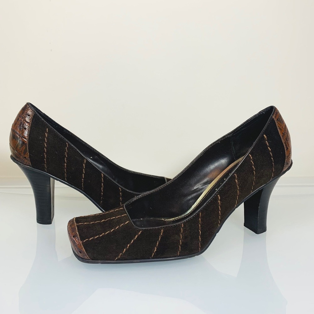 Vintage Tyler Richard Tyler Brown Suede Square Toe Croc Trim Heels Pumps 9.5 Y2K